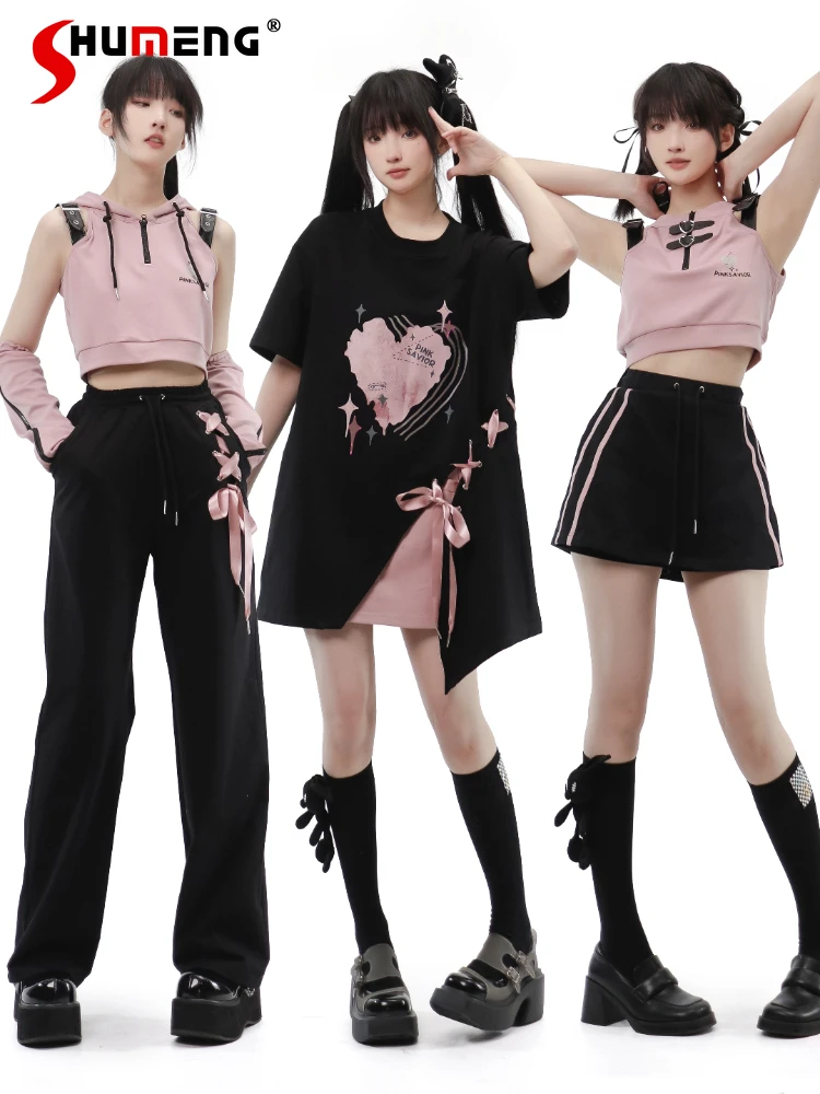 Japanese Style Sweet Woman Pink Bandage Long T-shirt 2023 Summer New Casual Trousers for Women Cute Girl Short Black Culottes