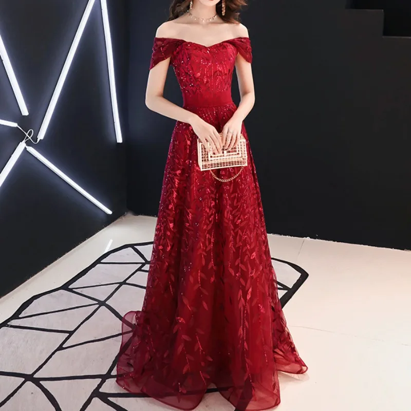 Sequined Slim Waist One Shoulder Elegant Wedding Party Vestidos Slim Waist Prom Dresses Temperament Mesh Design Evening Dress