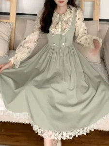 Green Elegant Vintage Strap Dress Women 2023 Spring Lace Evening Party Midi Dresses Ladies Retro Korean Sweet Kawaii Fairy Dress - Image 4