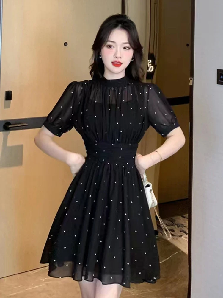 New Street Clothes Summer Chiffon Women Short Dress Lady Sweet Sheer Print O-Neck Slim Mini Dresses Party Vacation Mujer Vestido