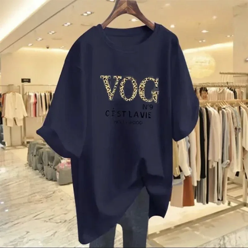 Summer Letter Printed Loose O-neck Pure Cotton T-shirt Women Basics Casual Simple Top Tees Lady M-6XL Short Sleeve Pullover