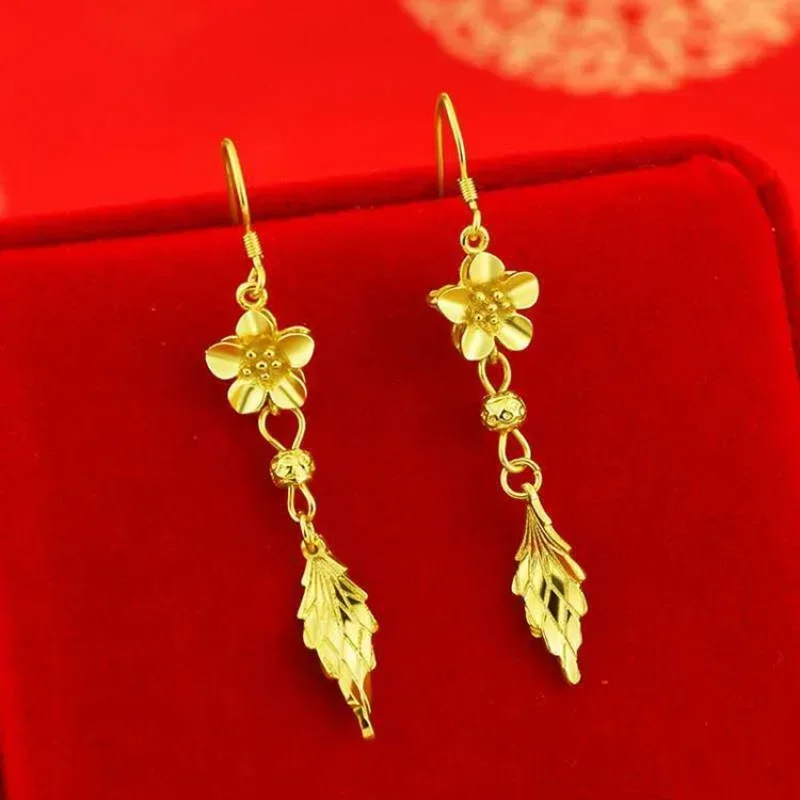Gold shop 24K with 999 real gold earrings fortune prosperous temperament gold earrings flower and leaf eardrop solid earrings