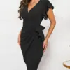 Bodycon Sexy Summer Dress Cocktail Faux Wrap Deep V Neck Ruffle Sleeve Ruched Party Work Formal Wedding Dresses for Women