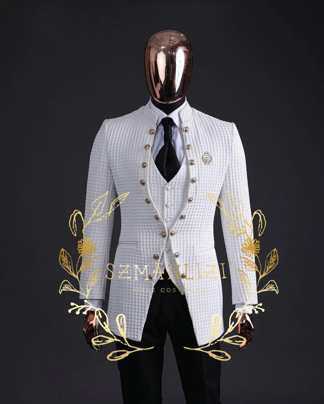 Handsome Plaid Rim Stage Men Suit For Wedding 3 Pieces Set Stand Collar Formal Groom Tuxedos Party Costume (Jacket pants vest)