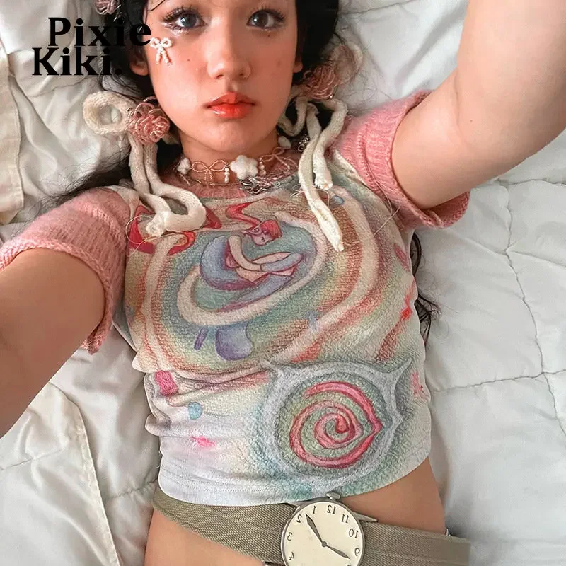 PixieKiki Graphic T Shirts Kawaii Girls Crop Tops Baby Tees Y2k 2000s Aesthetic Clothes Summer T Shirt Women Cutecore