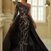 Delicate One Shoulder Sequins Evening Party Dress for Women Elegant Long Sleeve Open Back Host Prom Swing Dress Floor Length