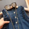 Summer Girl Fungus Edge Solid ColorNew Classic2024 Three-Button Denim Sleeveless Vest Dress - Image 4