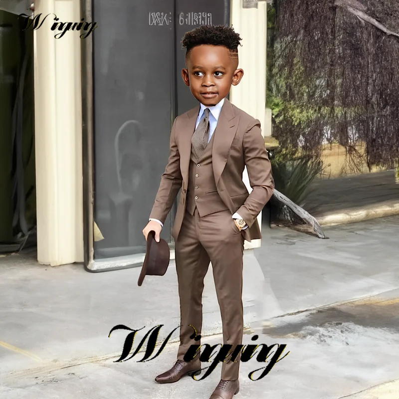 Brown Boys Suit Three Piece Wedding Tuxedo Jacket Pants Vest Kids Formal Blazer Fashion 2-16 Years Tailored Clothes
