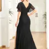 XUIBOL Luxury Black Short Sleeve Evening Dress Elegant Sexy Lace Women Slit Deep V-neck Long Formal Prom Party Dress vestido
