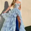 BridalAffair Elegant Blue Corset Tiered Lace Evening Dress with Slit Sweetheart Women Formal Prom Dresses 2023 New Party Gowns