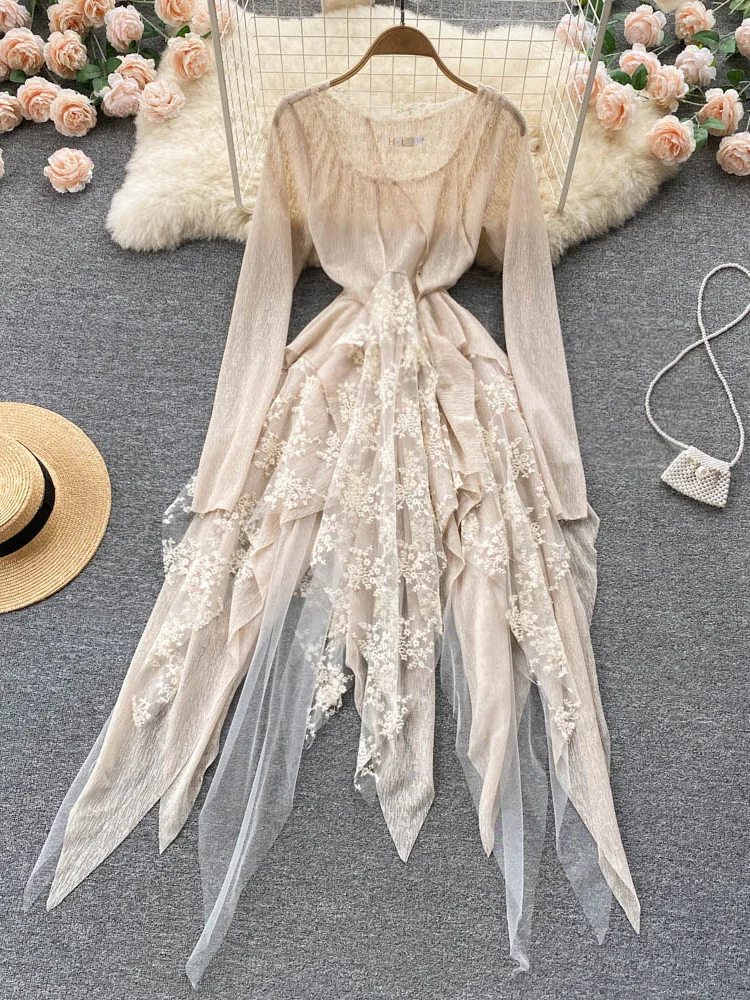 XFPV 2023 New Autumn Summer O-neck Lace Up Waist Closing Irregular Vestidos Women Temperament Elegan Party Dress Tide