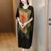 Women Floral Silk Luxury Elegant Party Dress Summer Short Sleeve V-Neck Loose Waist Dress 2024 Korean Vintage Casual Prom Dress - Image 4