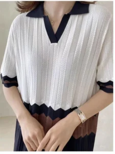 Summer Knitted Dress Women Print Hollow Out Patchwork Fashion Loose Short Sleeve Ladies Dresses Korean Style Pleated Woman Dress - Image 4