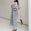 YZJNH 2024 Summer Long Dress Women's Korean Edition Loose Cartoon Print Wide Stripe Short sleeved T-shirt Dress Women's Large - Image 3