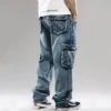 Men Cargo Casual Washed Jeans Trousers Multi Pockets Straight Loose Denim Pants For Male Plus Size 30-46 - Image 2