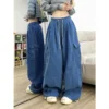 Cool Drag Dopamine Dark Blue Overalls Men and Women Thickened Loose Wide-leg Mopping Pants Autumn and Winter Casual Pants Tide - Image 2