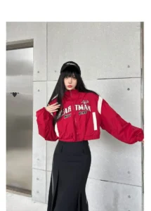 American Retro Spice Girls Tide Brand Short Trench Coat Women Y2K High Waist Motorcycle Wind Red High Street Baseball Uniform - Image 3