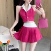 New Fashion Suit Summer Halter Neck Crop Top High Waist Irregular Patchwork Pleated Skirt Two piece Set Korean Women's Clothes - Image 3