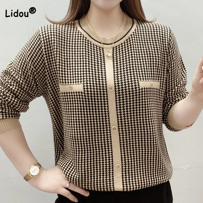Fashion Commute Houndstooth Round Neck T-shirt Female Chic Spliced Long Sleeve Elastic Pullovers Tops Spring Women's Clothing