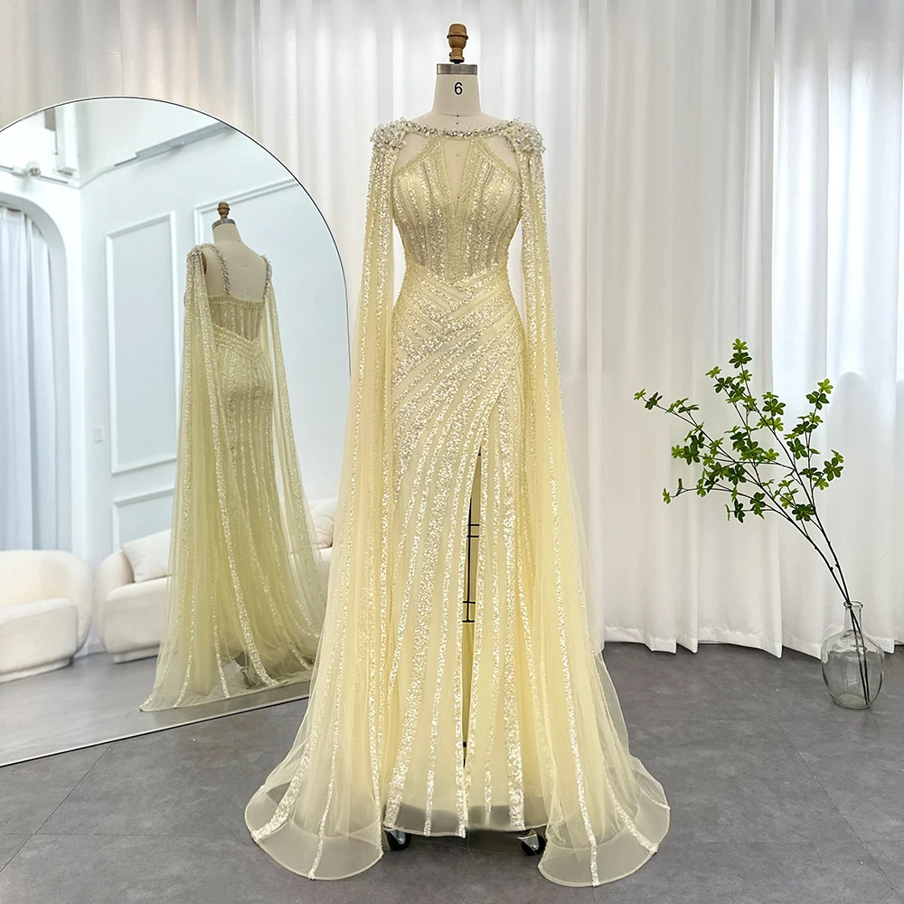 Sharon Said Luxury Crystal Dubai Yellow Evening Dress with Cape Sleeves 2024 Lilac Arabic Mermaid Women Wedding Party Gown