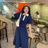 2024 Spring/Summer New Korean Edition Academy Style Polo Neck Short Sleeve Contrast Color Waist Slimming Dress Trend - Image 4