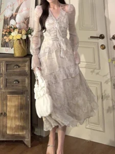 2023 Summer Long Sleeve Floral Fairy Dress Woman Beach Elegant Party Mini Dresses Casual Vintage One Piece Dress Korean Fashion - Image 3