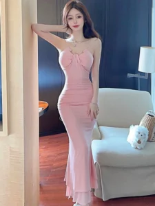 Women Pink Chic Pleated Elegant Sling Long Dress Summer Fashion Bodycon Ruffled Dress 2024 Korean Vintage Luxury Evening Dresses - Image 2