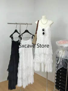 White Strap Midi Dress Women Casual 2024 Spring Beach Style Lace Elegatn Cake Dress Korean Fashion Chic Outwear - Image 6