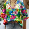 Elegant Contrast Floral Print Top Women Casual Loose Shirts Collar Blouse