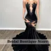 Sexy Black Lace Appliques Mermaid Black Girl Prom Dress 2024 Velvet Beads Sheer Mesh Graduation Party Gowns Robe De Bal