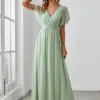 Elegant Evening dresses Long A LINE Short Sleeve V-Neck Chiffon Floor-Length Gown 2024 of Mint Green Simple Prom Women Dress