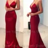 2023 Sexy V Neck Satin Evening Dresses Spaghetti Strap Side Slit Prom Dress High Waist Evening Gowns Party Dress Robe de soiree
