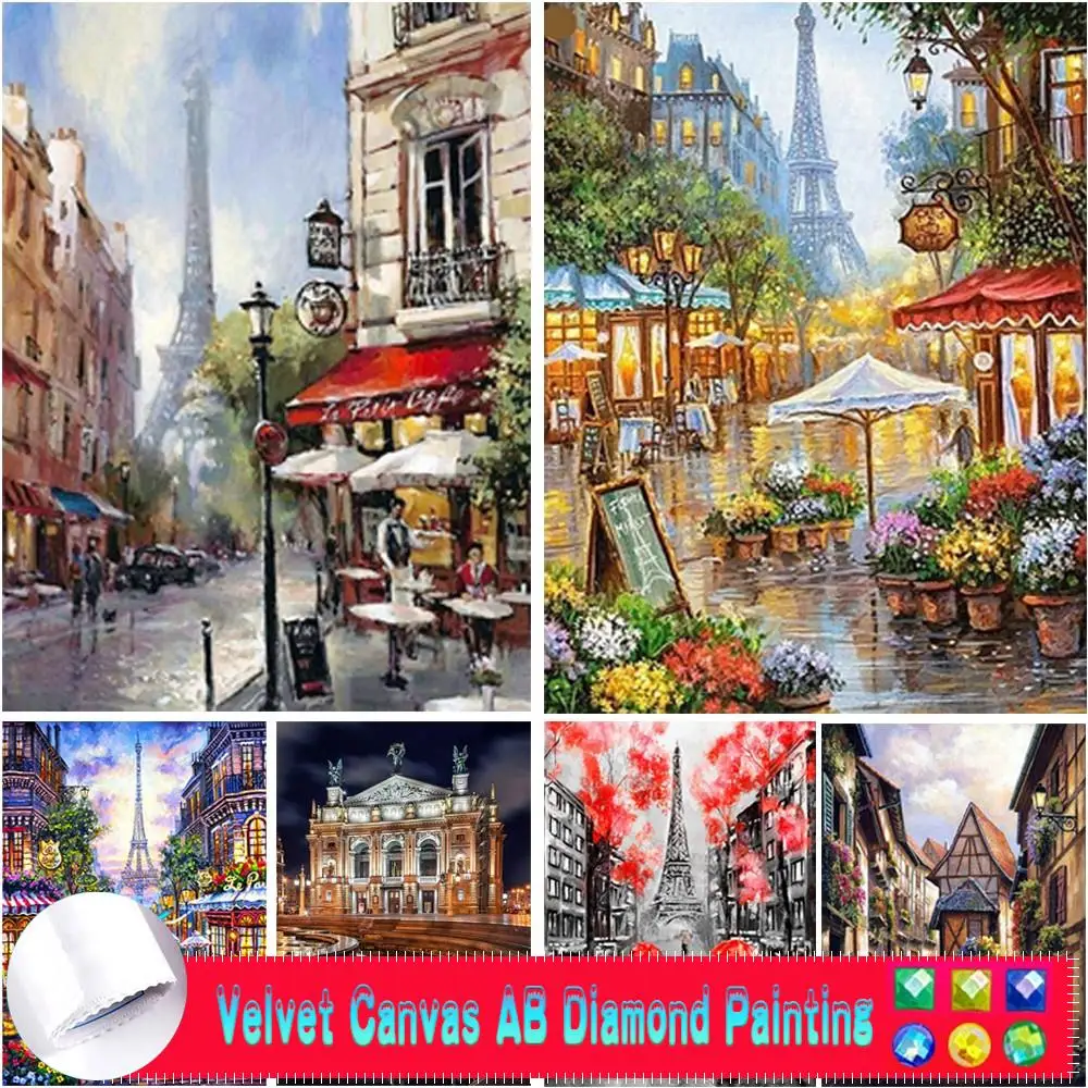 5D DIY AB Velvet Canvas Diamond Painting City Street View Round Diamond Mosaic Diamond Embroidery Landscape Home Decor
