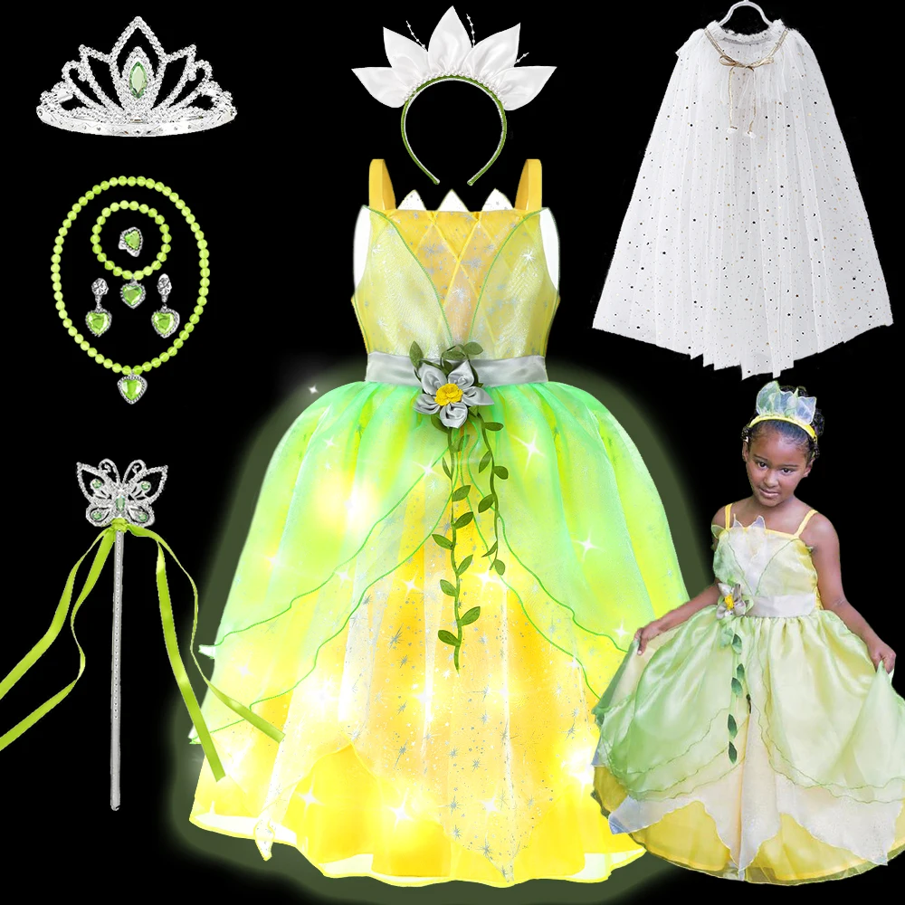Halloween Girls Princess Tiana Dress LED Light Elf Tinker Bell Cosplay Costume Black Girl Evening Party Elegant Green Long Dress