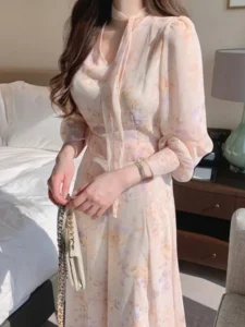 Jielur Long Sleeve One Piece Dress Female Korean Fashion Spring Elegant V-Neck Midi Dress Vintage Floral Chiffon Dresses Women - Image 6