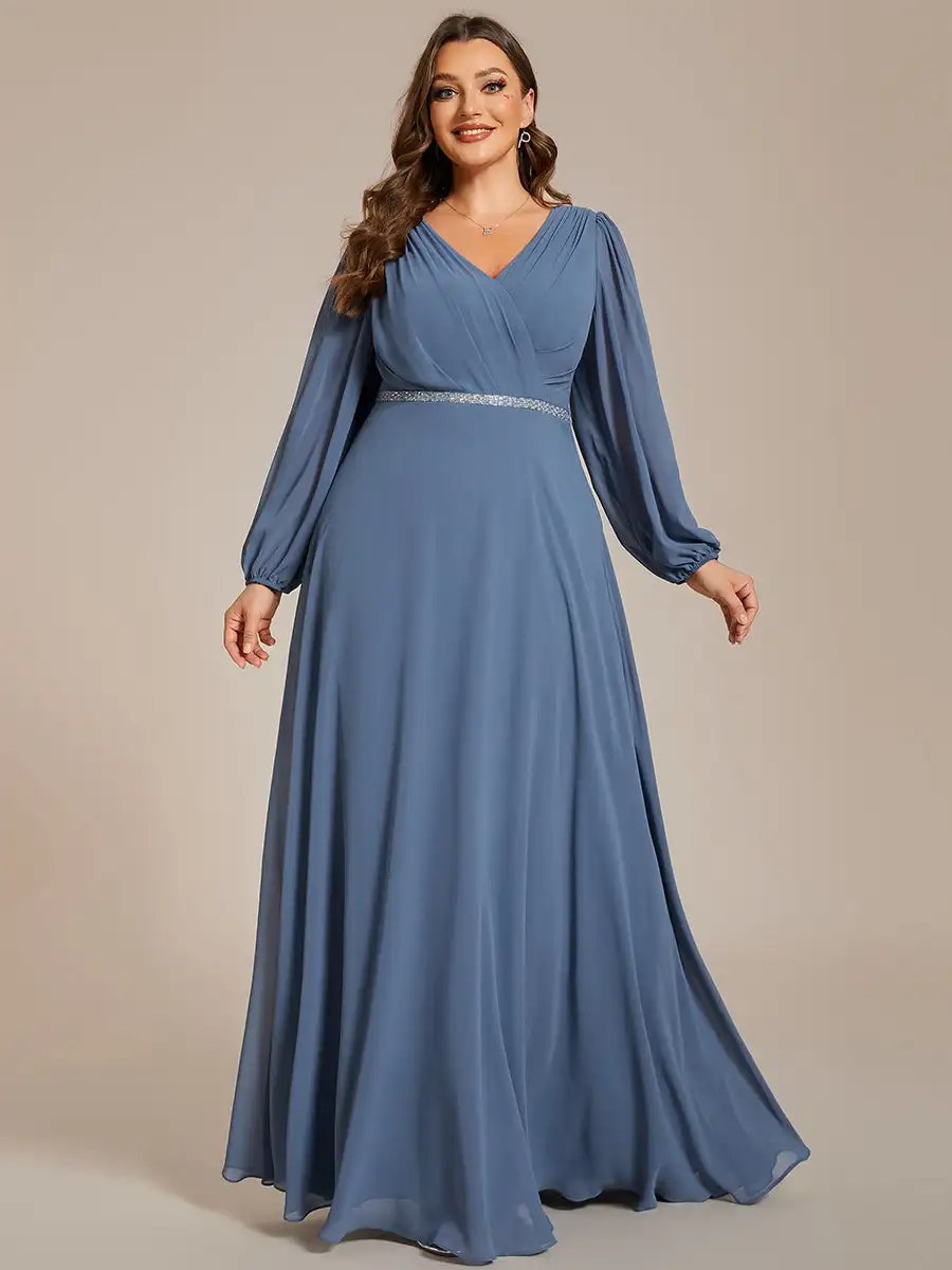 Elegant Evening dresses V-neck long sleeve Floor-Length Gown 2024 BAZIIINGAAA of Back Zipper Chiffon Burgundy Bridesmaid Dress