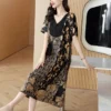 Women Print Silk Satin V-Neck Sexy Midi Dress 2024 Korean Vintage Party Dress Spring Summer Elegant Bodycon Night Dress - Image 3