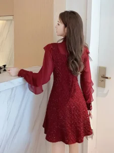 Autumn Winter Stand Collar Ruffles Mesh Patchwork Mini Dress Women Long Sleeve Elegant Fashion Bright Silk A-line Dresses Robe - Image 5