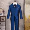 Children Shiny Blue Suit For Wedding Boys Formal Ceremony Tuxedo Dress Teenager Kids Photograph Blazer Party Performance Costume