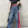 NYFS 2024 New Summer Hong Kong style Street Woman Jeans Loose Plus size Long Pants Elastic Waist Denim Patchwork Trousers