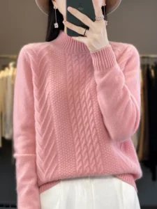 Women Sweater For Winter 100% Merino Wool Mock Neck Thick Warm Pullover Twist Flower Long Sleeve Cashmere Knit Korean Fashion - Image 4