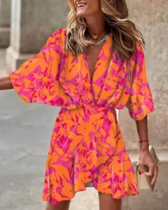 2024 Summer Irregular Beach Mini Dress For Women Fashion Print Casual Bohemia Style Sundress Female Bat Sleeve Ruffles Dresses - Image 4