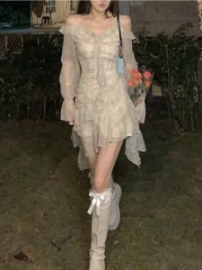 2023 Summer Long Sleeve Floral Fairy Dress Woman Beach Elegant Party Mini Dresses Casual Vintage One Piece Dress Korean Fashion - Image 6