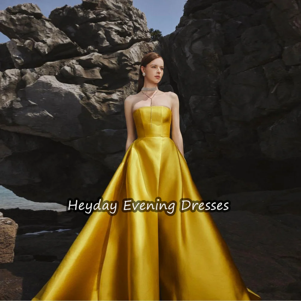 Heyday Satin A-line Strapless Ruffle Saudi Simple Prom Gown Sleeveless Floor Length Elegant Evening Party Dresses For Women 2024