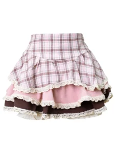 Pink Lolita Kawaii Two Piece Set Women Summer Korean Cute Mini Skirt Suit Female Sweet Heart-shaped Blouse＋Plaid Cake Skirt 2023 - Image 6