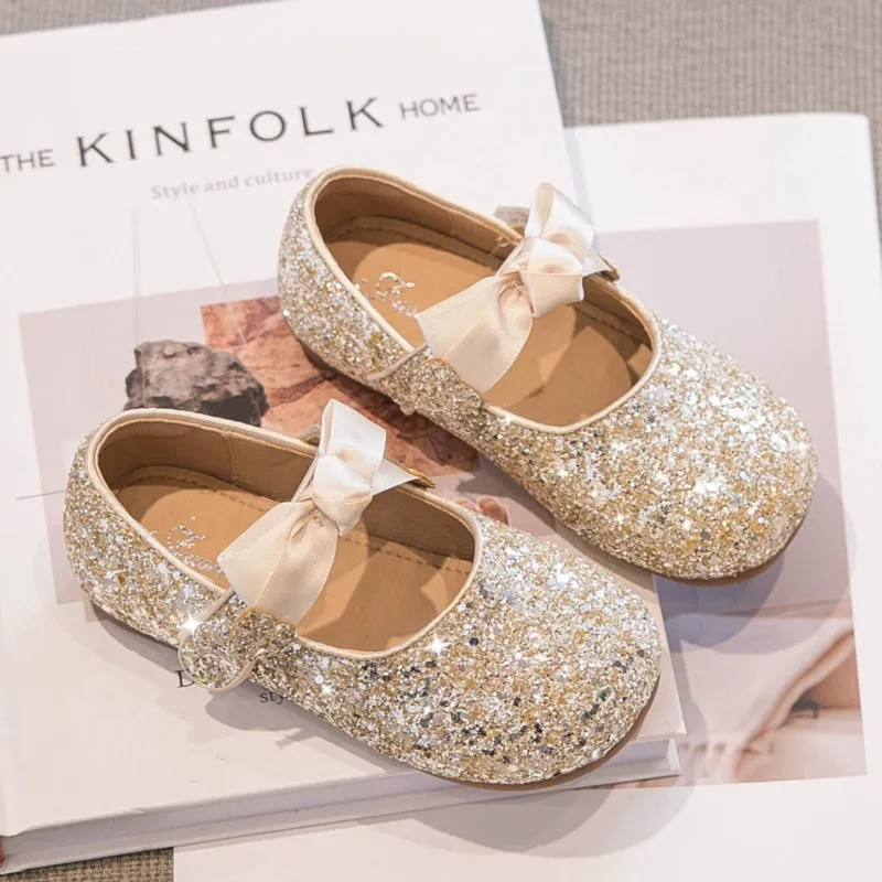 Girls Wedding Shoes Silver Bling Mary Janes Gold Sequined Cloth Princess Shoes Children's Flats Kids Baby Dance Show Party