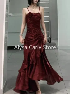 Korean Vintage Velvet Long Dress Women Luxury Slim Mermaid Spaghetti Strap Floral Dress Elegant Sexy Casual Evening Party Dress - Image 6