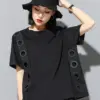 [EAM] Women Black Hollow Out Spliced Casual Big Size T-shirt New Round Neck Short Sleeve Fashion Tide Spring Summer 2024