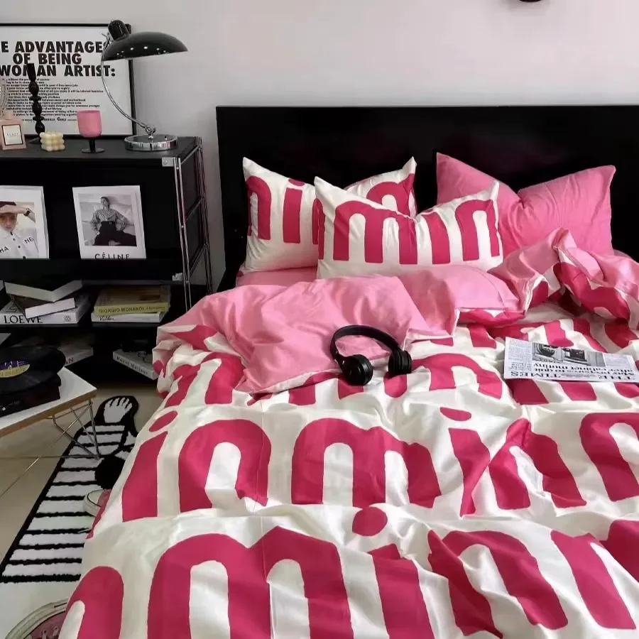 Korean Style Pink Letter Bedding Set Flat Bed Sheet Pillowcase Twin Full Queen Size Bed Linen Women Girls Duvet Cover No Filling