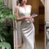 New Summer Stain Midi Dress Women Evening Party Dress Elegant Sleeveless Slim Mermaid Prom Robe Fashion Solid One Pieces Vestido